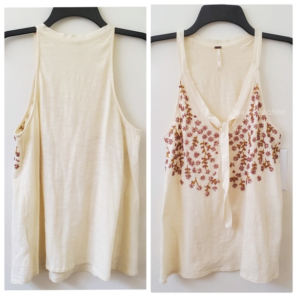 FREE PEOPLE Boho Floral Beaded Flowy Tank Top with Tie, Cream Knit, Embroidery - Picture 2 of 7